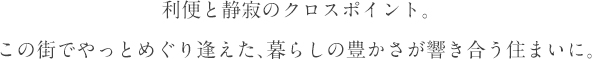 利便と静寂のクロスポイント。
				この街でやっとめぐり逢えた、暮らしの豊かさが響き合う住まいに。